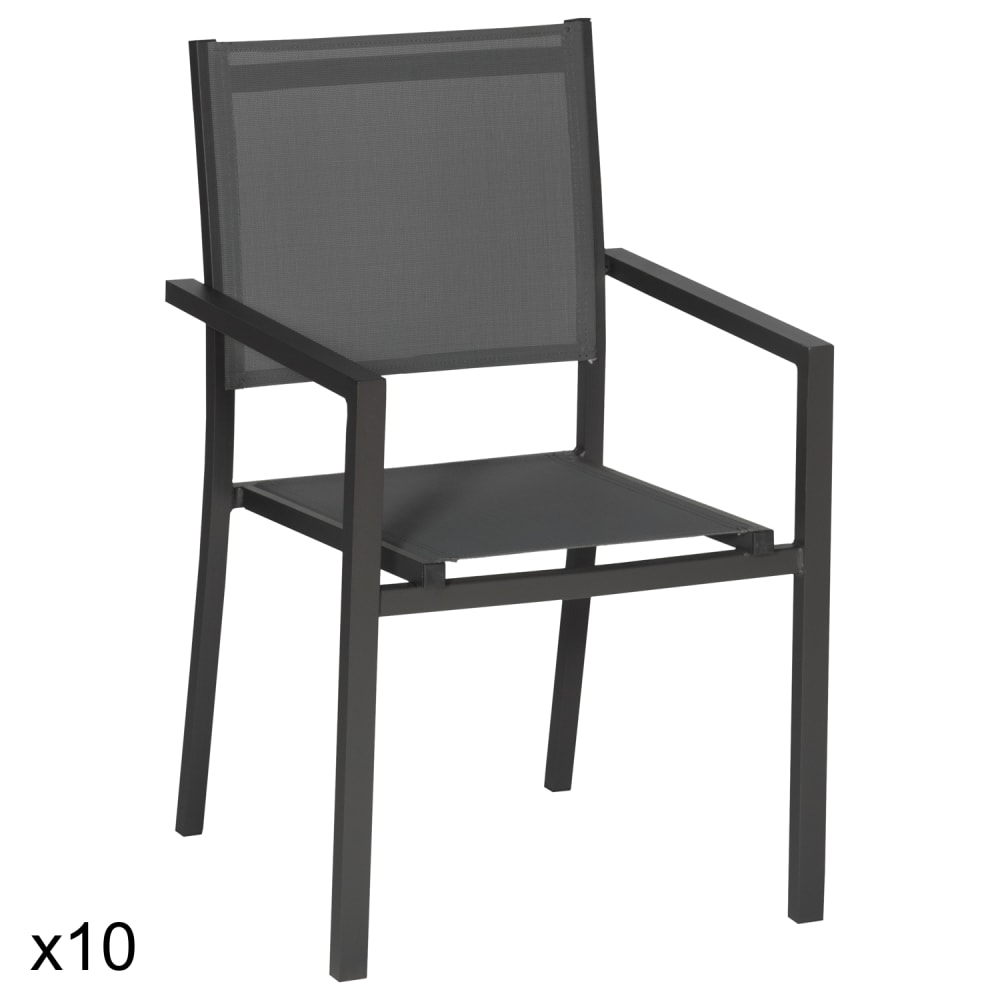 Lot de 10 chaises en aluminium anthracite et textilène gris