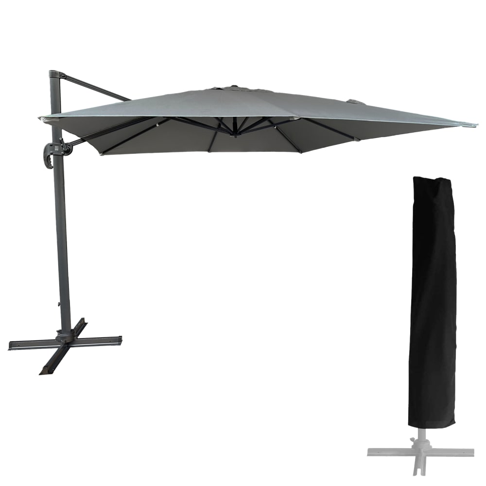 Parasol déporté carré 3x3m aluminium toile grise avec housse