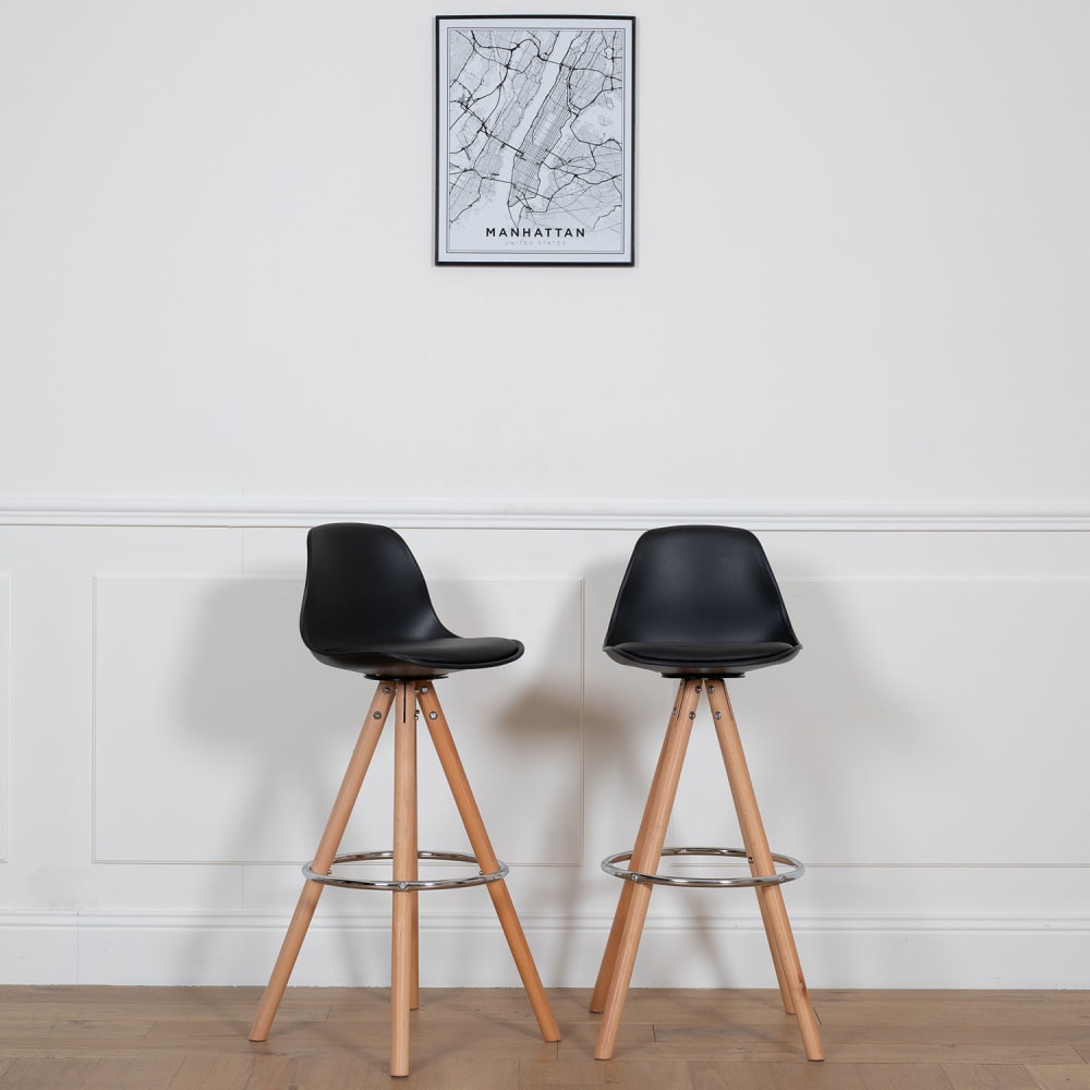 Lot de 2 tabourets style scandinave noir et bois
