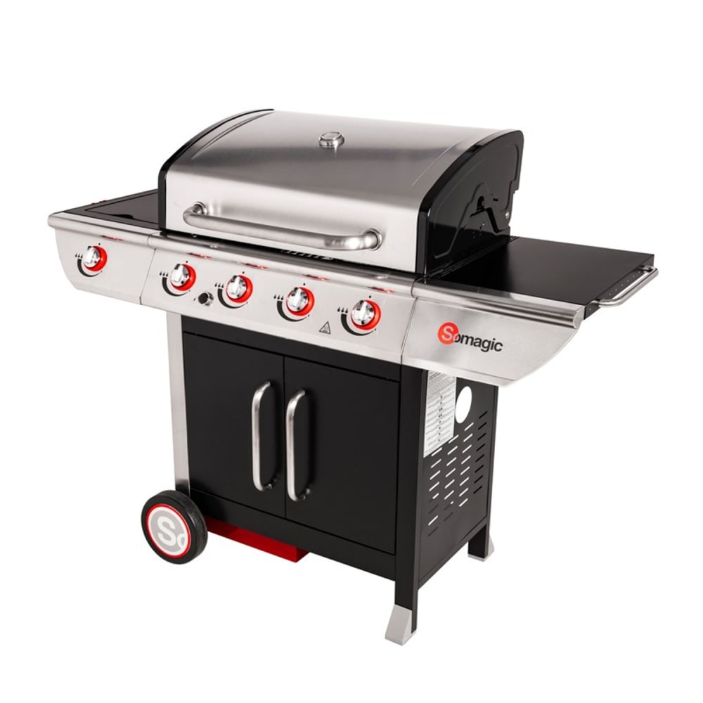 Barbecue au gaz 4 brûleurs et réchaud en acier noir et gris