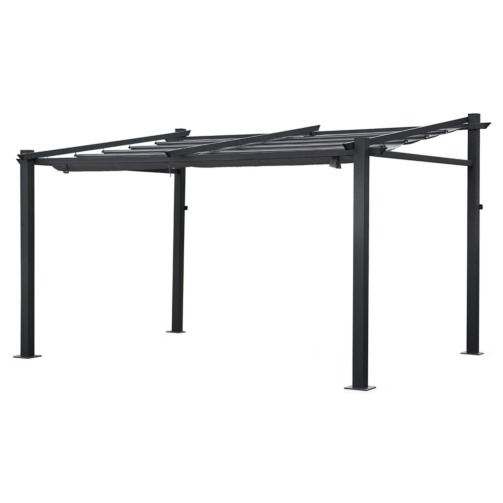 Pergola murale 3x4m en aluminium anthracite avec toile grise