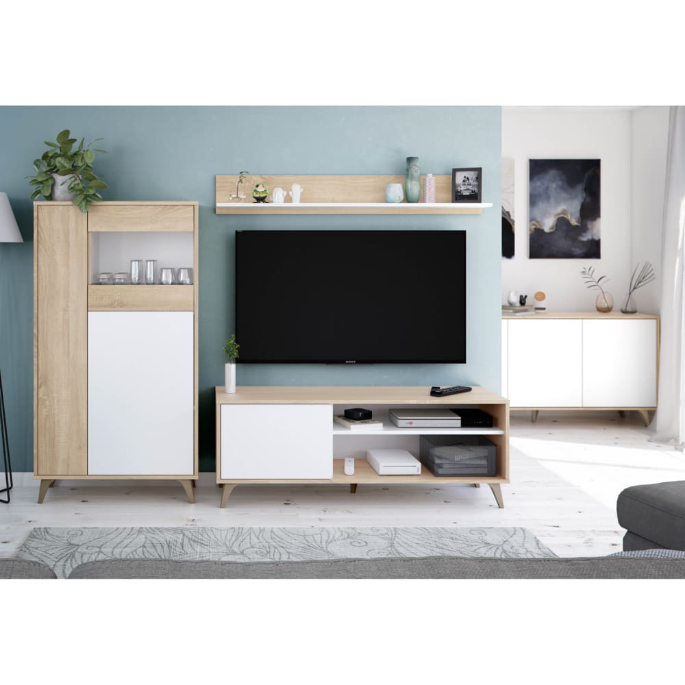 Meuble TV 2 niches, 1 porte et étagère murale L135cm - Blanc / Bois