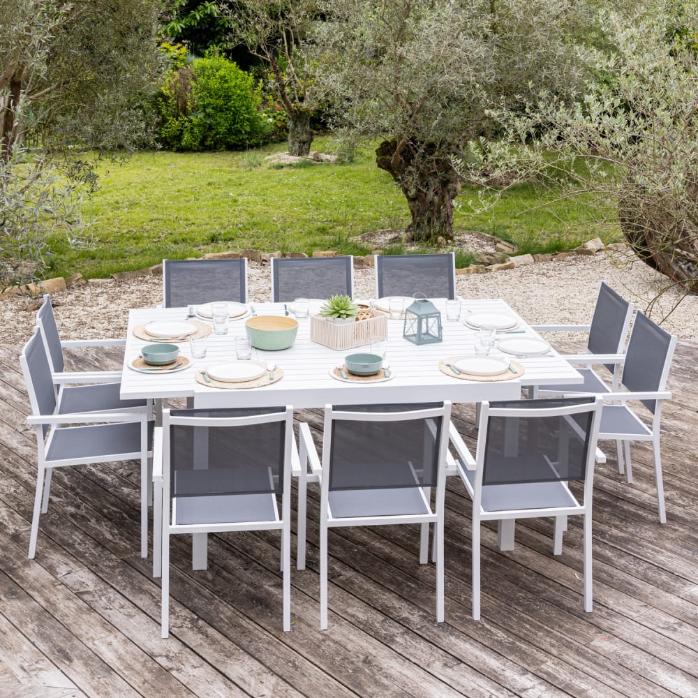 Salon de jardin table 140/200cm en aluminium blanc et gris