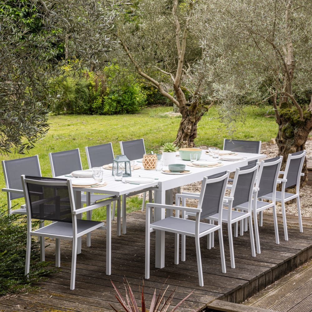 Salon de jardin table 180/300cm en aluminium blanc et gris
