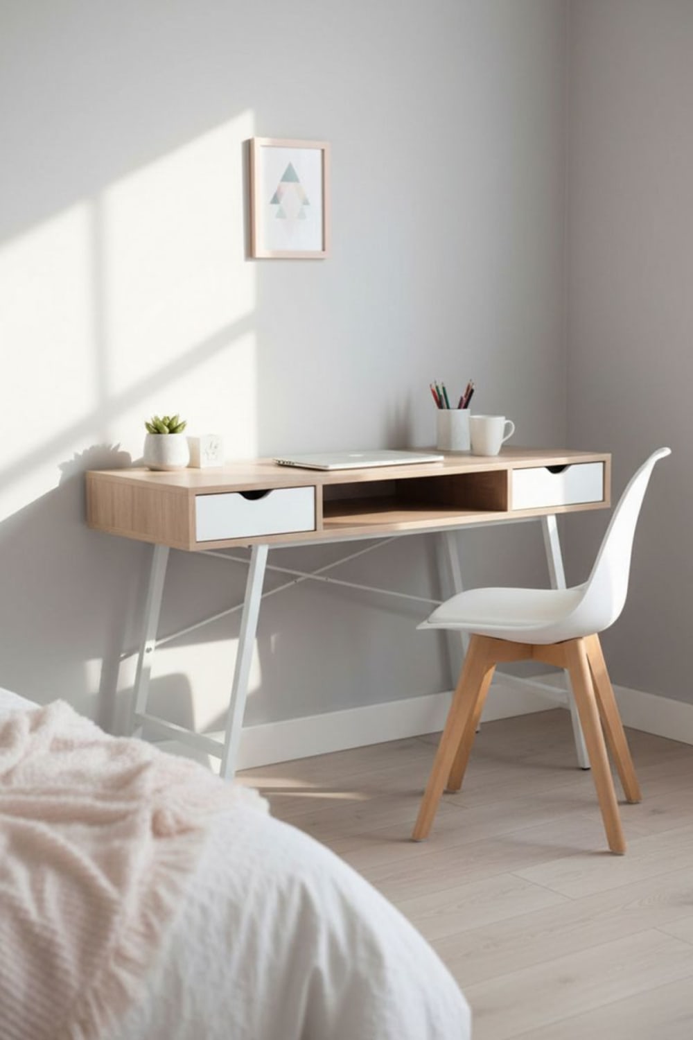 Escritorio blanco estilo nórdico en madera con 2 cajones