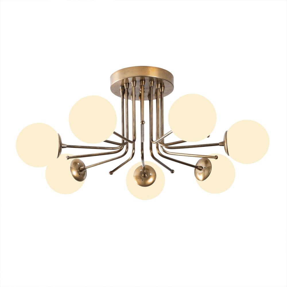 Wonderlamp Plafonnier doré en métal à 7 lumières et sphères opales style contemporain