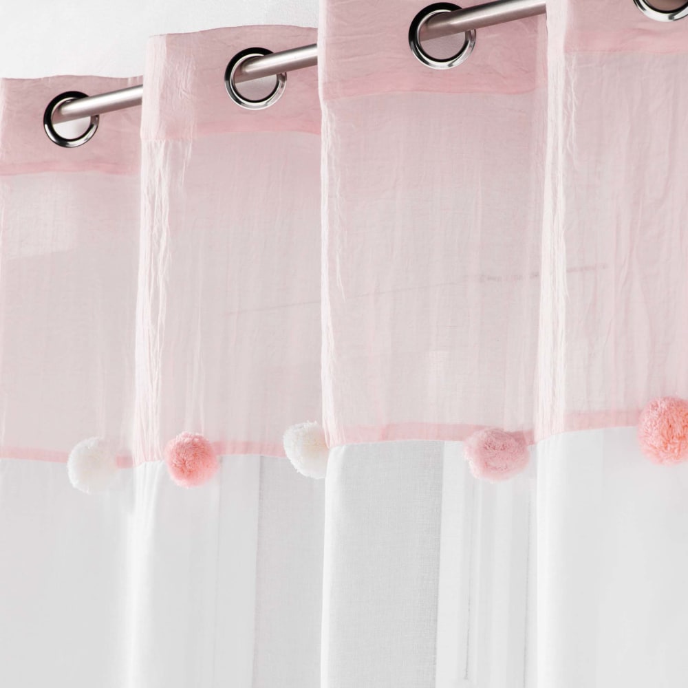 Voilage à pompons colorés polyester blanc/rose 240x140cm - Maisons du Monde