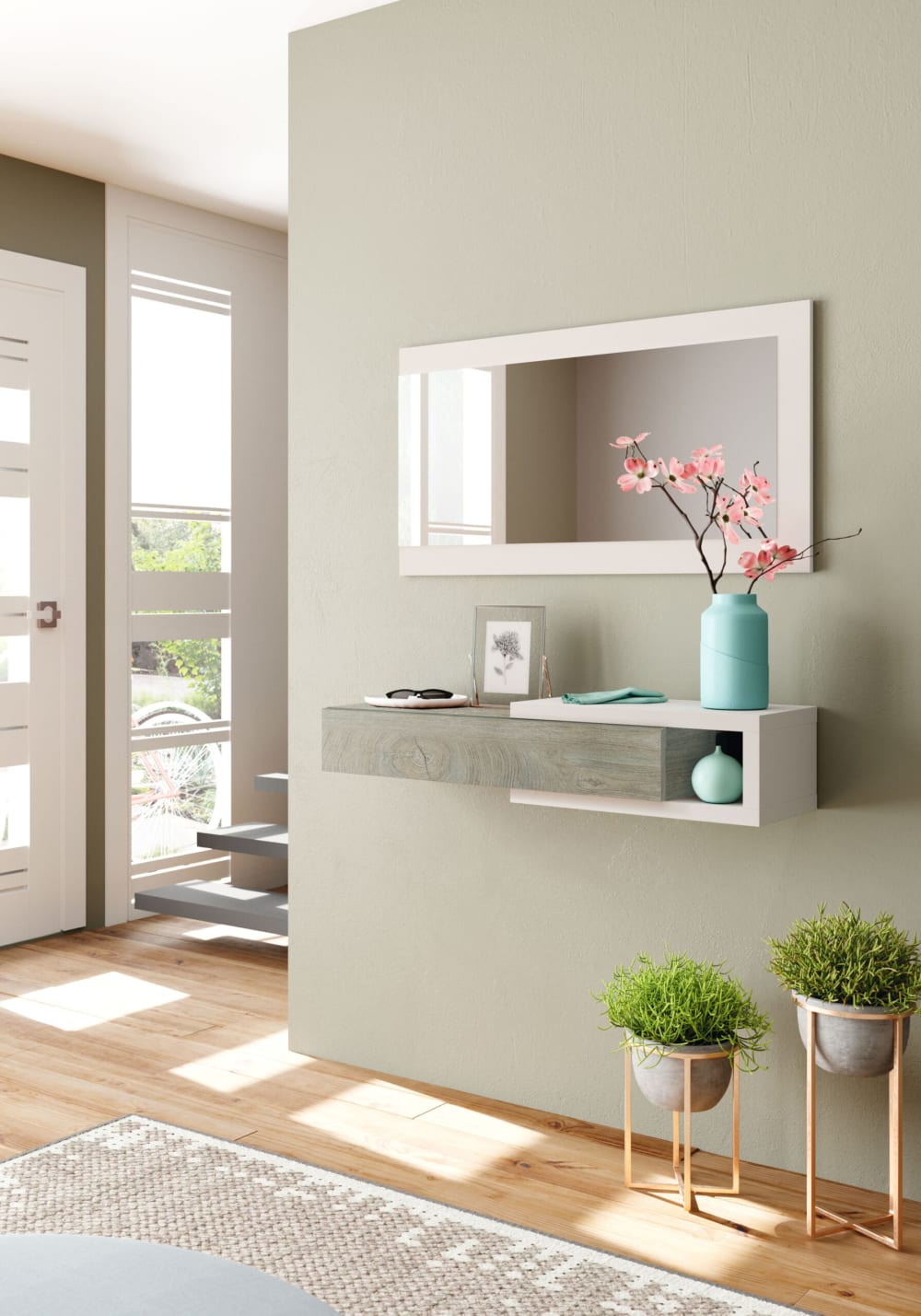 Recibidor cajón-espejo Enzo blanco-roble - Maisons du Monde