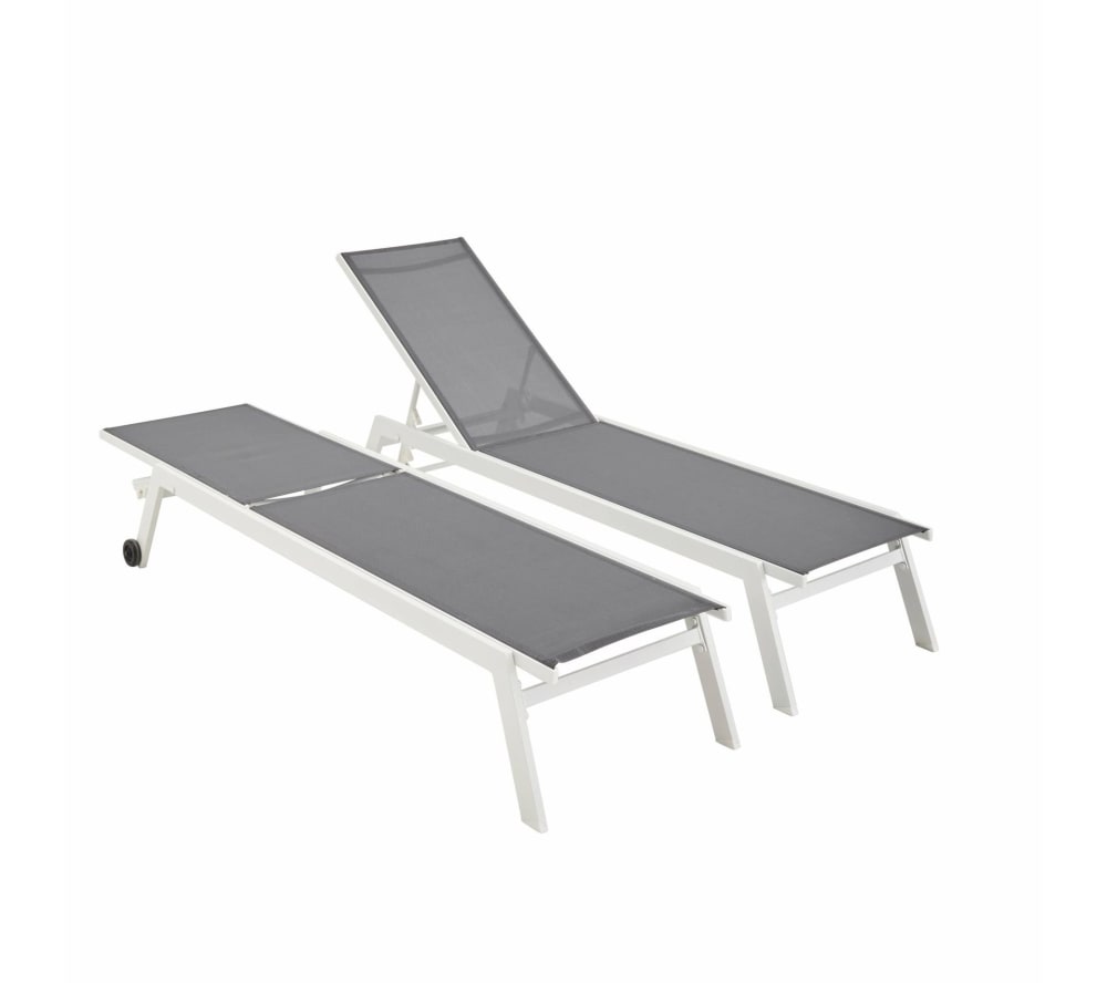 Lot de 2 transats blancs et gris aluminium multi position à roulettes