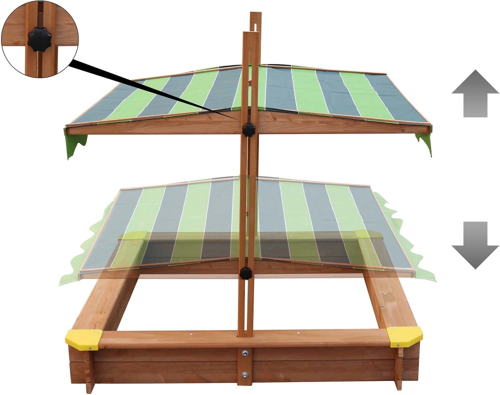 Bac à sable avec toit, en bois FSC, brun/vert, 118x118 cm