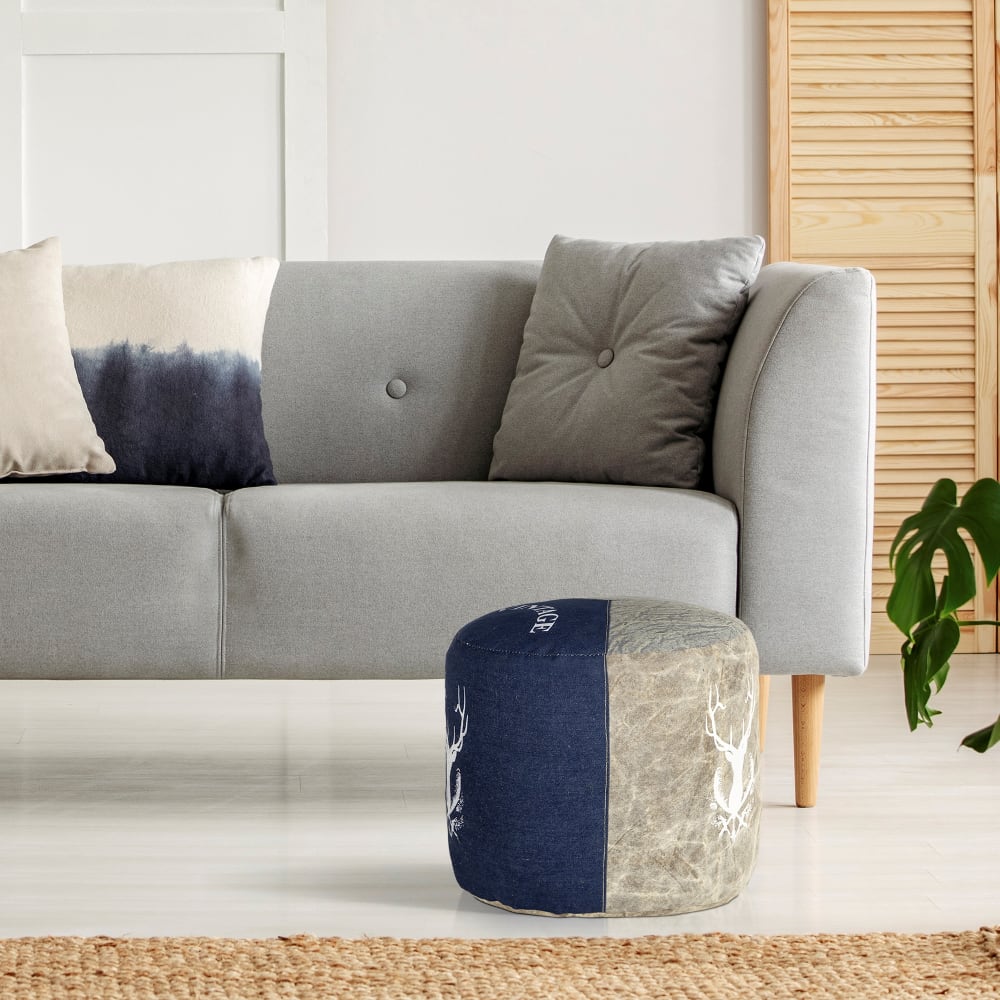 Pouf poggiapiedi 35 x 43 cm beige-blu in jeans fatto a mano da