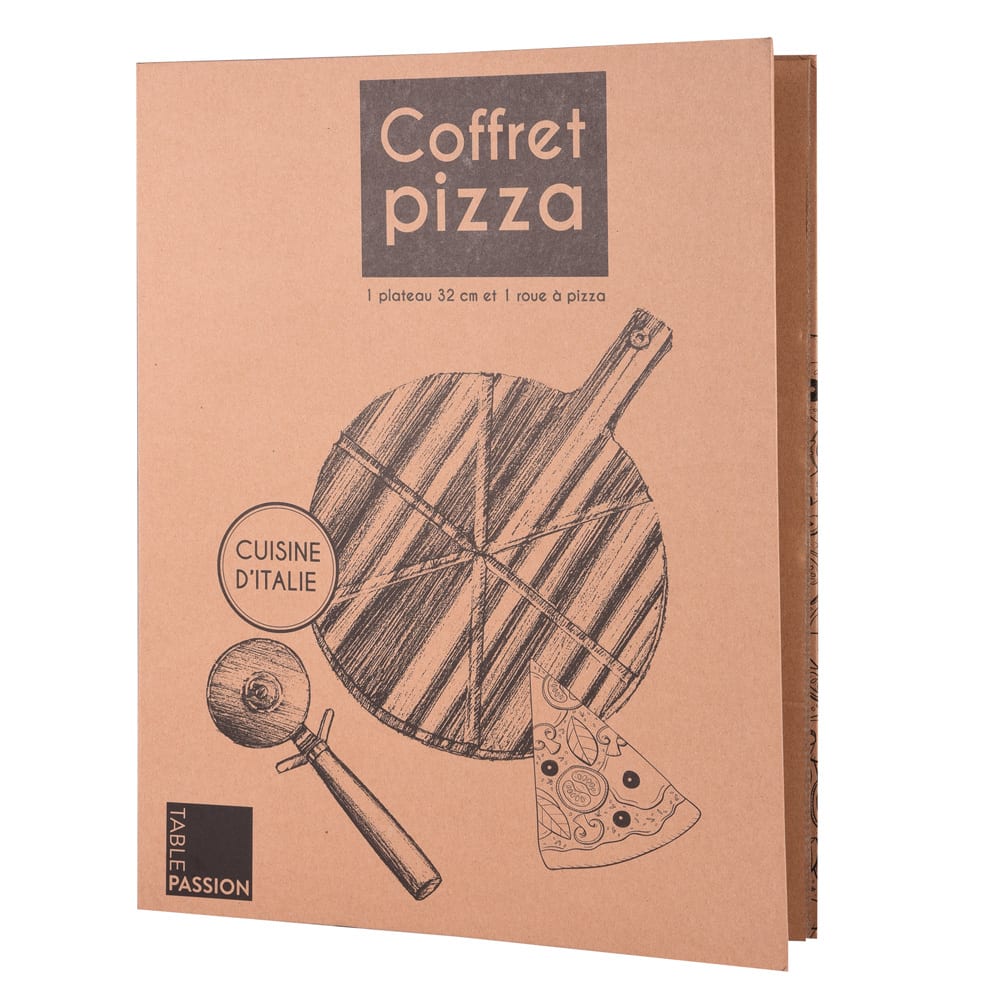 Coffret Pizza 2 pièces (plat + roulette) marron en bois - Maisons du Monde