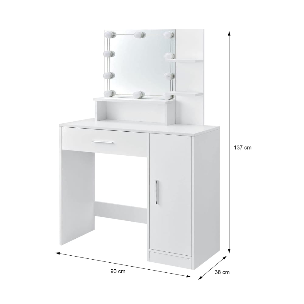 Toeletta da trucco con specchio e led bianco 1 cassetto 90x38x137