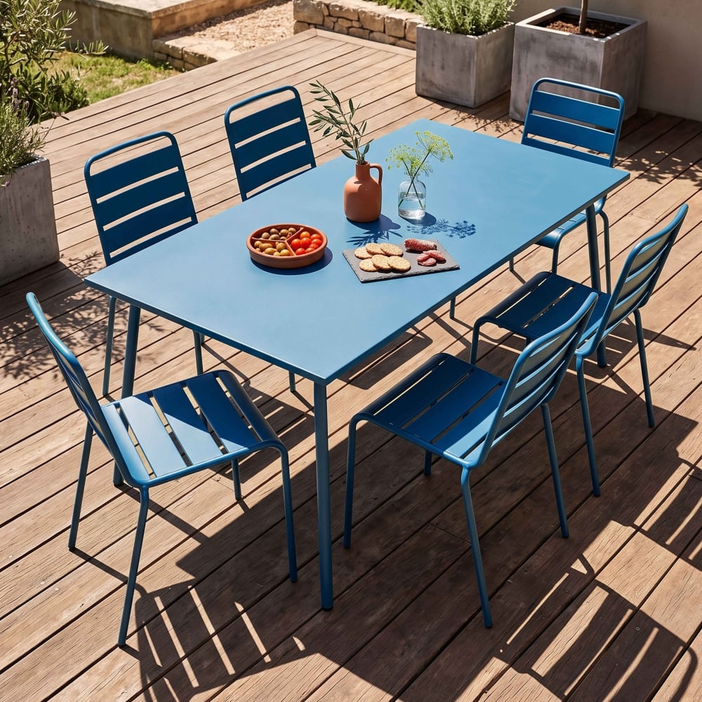 Table de jardin et 6 chaises en métal bleu - Maisons du Monde