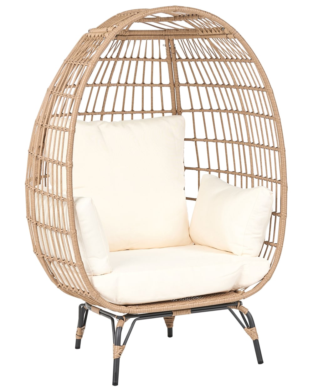 Fauteuil cocon effet rotin clair avec coussins beiges