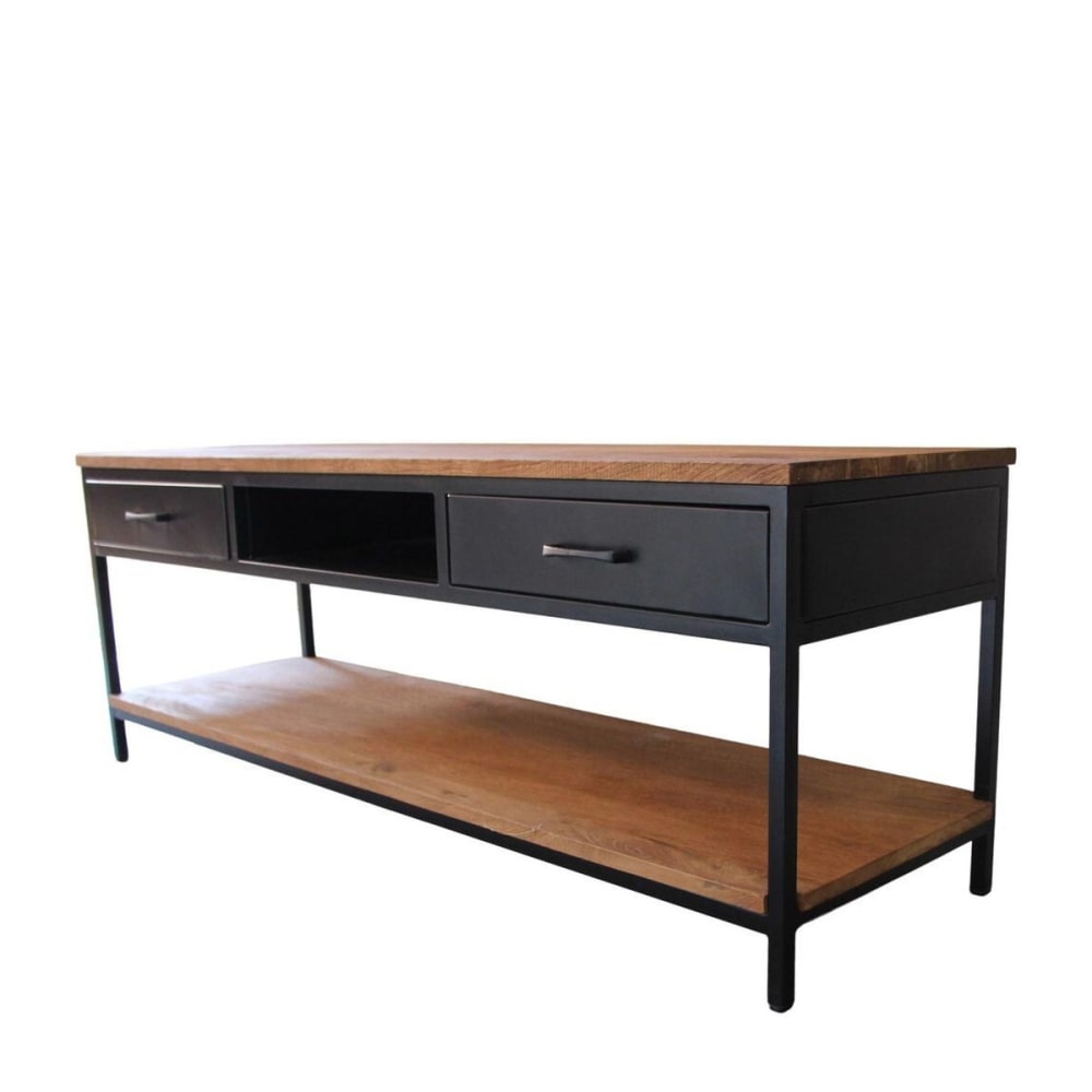 Mueble de TV en metal negro y madera 2 cajones