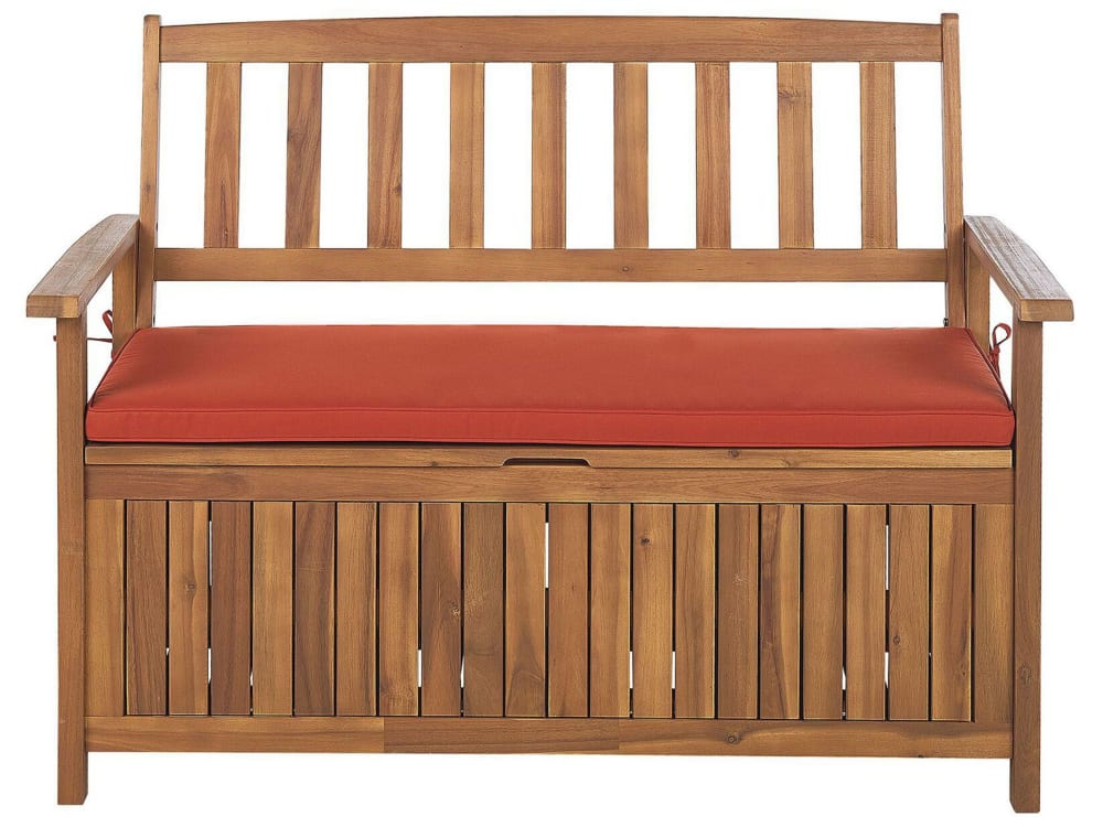 Banc coffre de rangement en bois d'acacia avec coussin