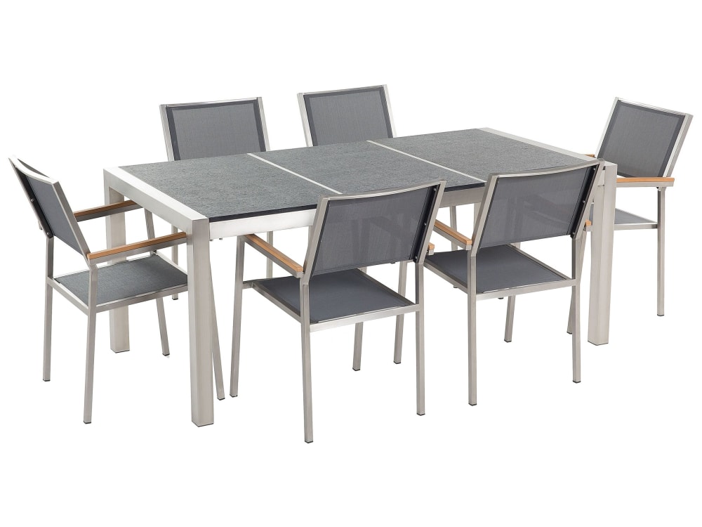 Gartentisch Set 6 Personen Aus Granit, Edelstahl, Grau