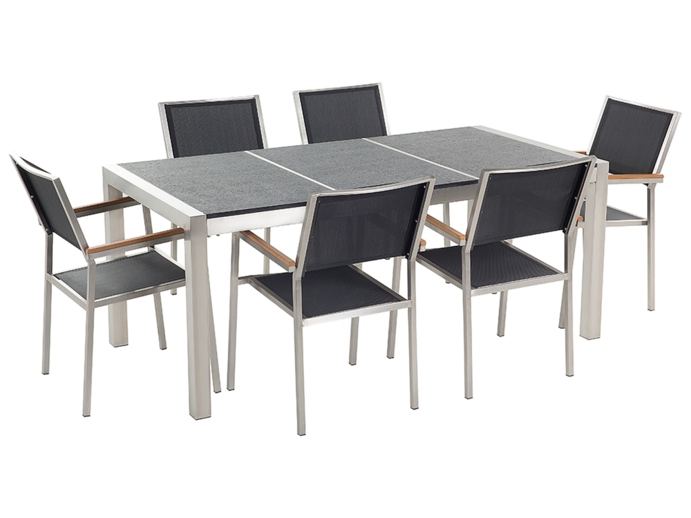 Gartentisch Set 6 Personen Aus Granit, Edelstahl, Grau
