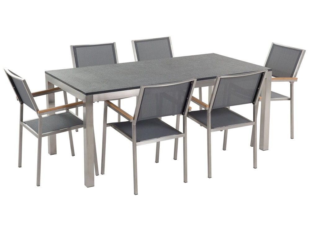 Gartentisch Set 6 Personen Aus Granit, Edelstahl, Grau