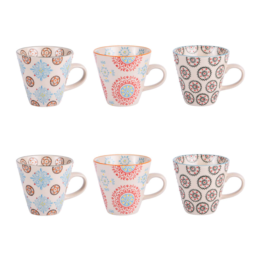 Coffret 6 tasses bohème 17 cl multicolore en grès Coffret 6 tasses bohème 17 cl multicolore en grès