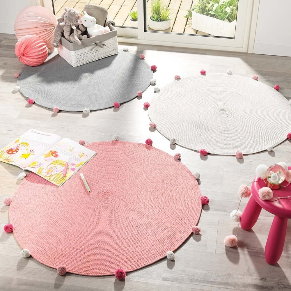 Tapis rond pompons gris D90cm - Maisons du Monde