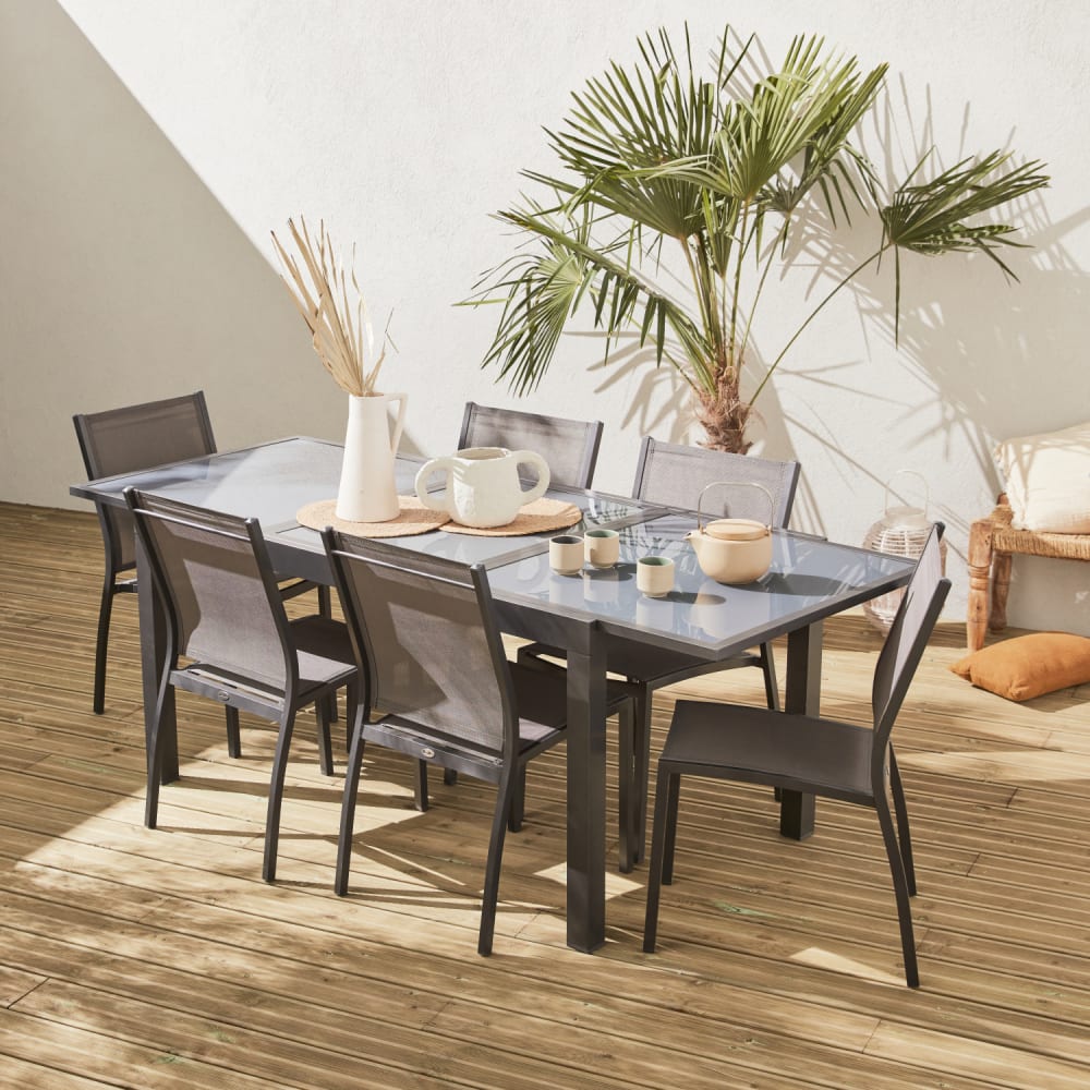 Salon de jardin gris et taupe en aluminium table et 6 chaises