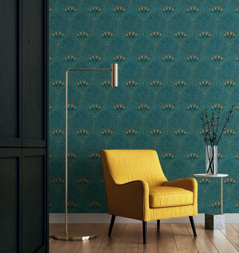 Papier peint art déco bleu paon 53x1000 cm
