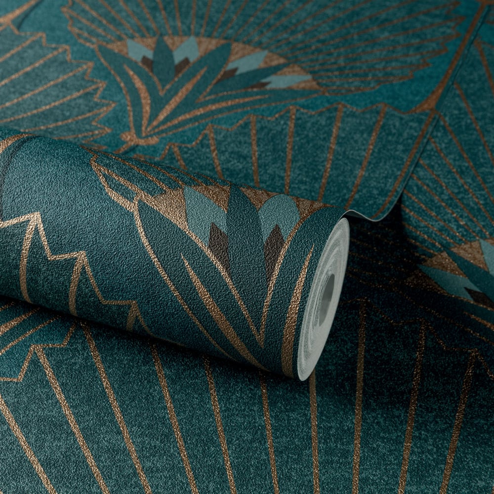 Papier peint art déco bleu paon 53x1000 cm — vue 3