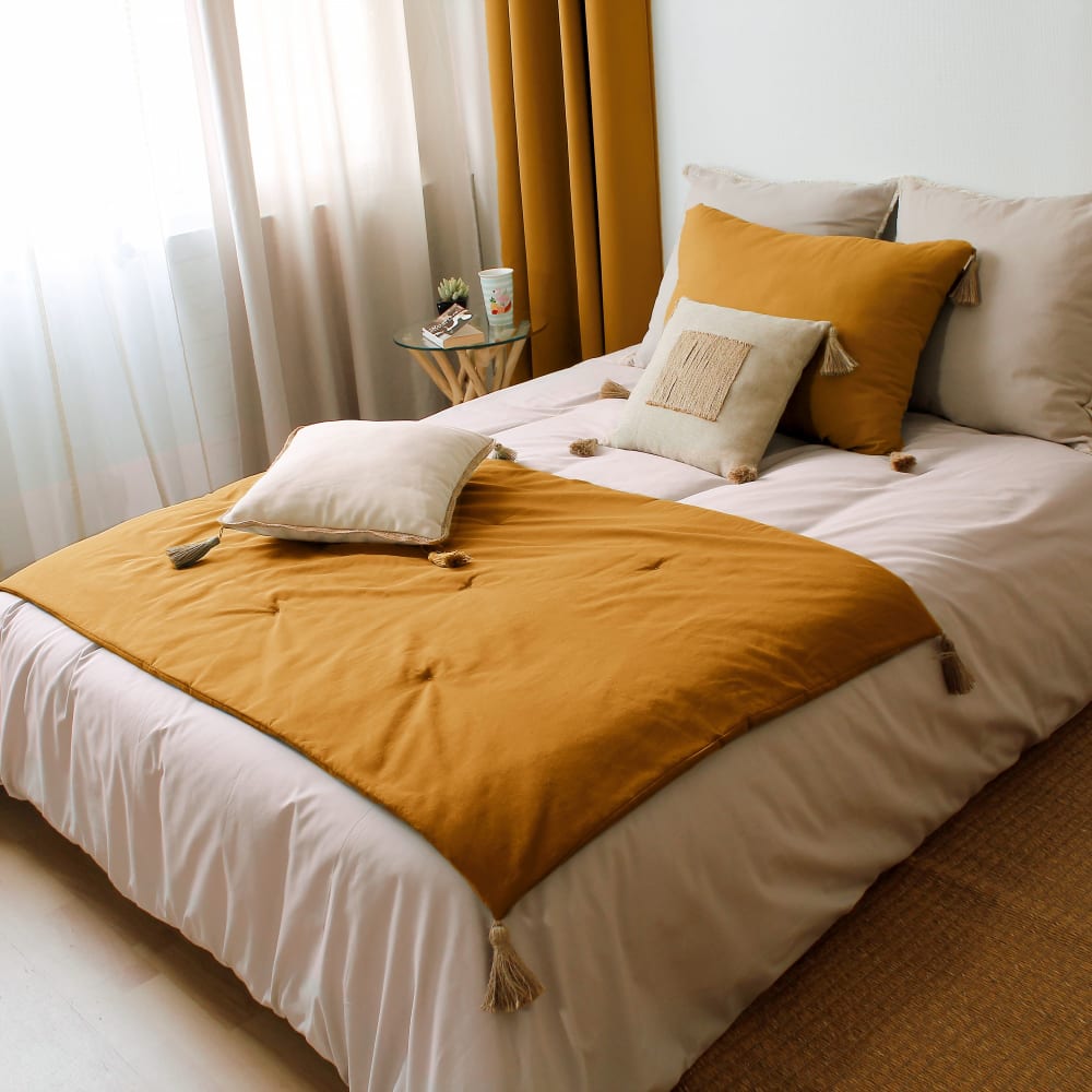 Édredon pompons jute moutarde 90x190cm - Maisons du Monde