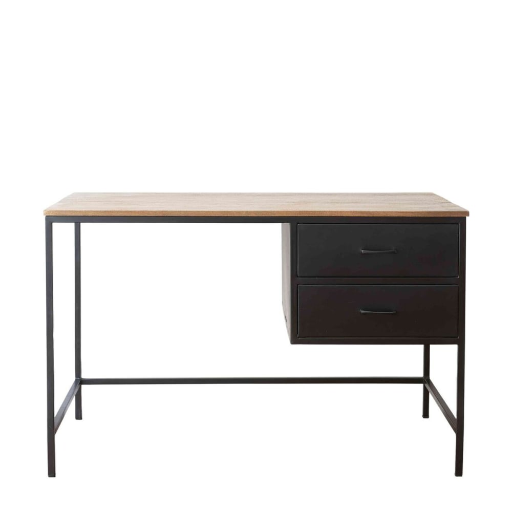 Decoclico Bureau en métal noir mat et manguier massif 2 tiroirs Noir Fibres Naturelles - 121x78x61cm