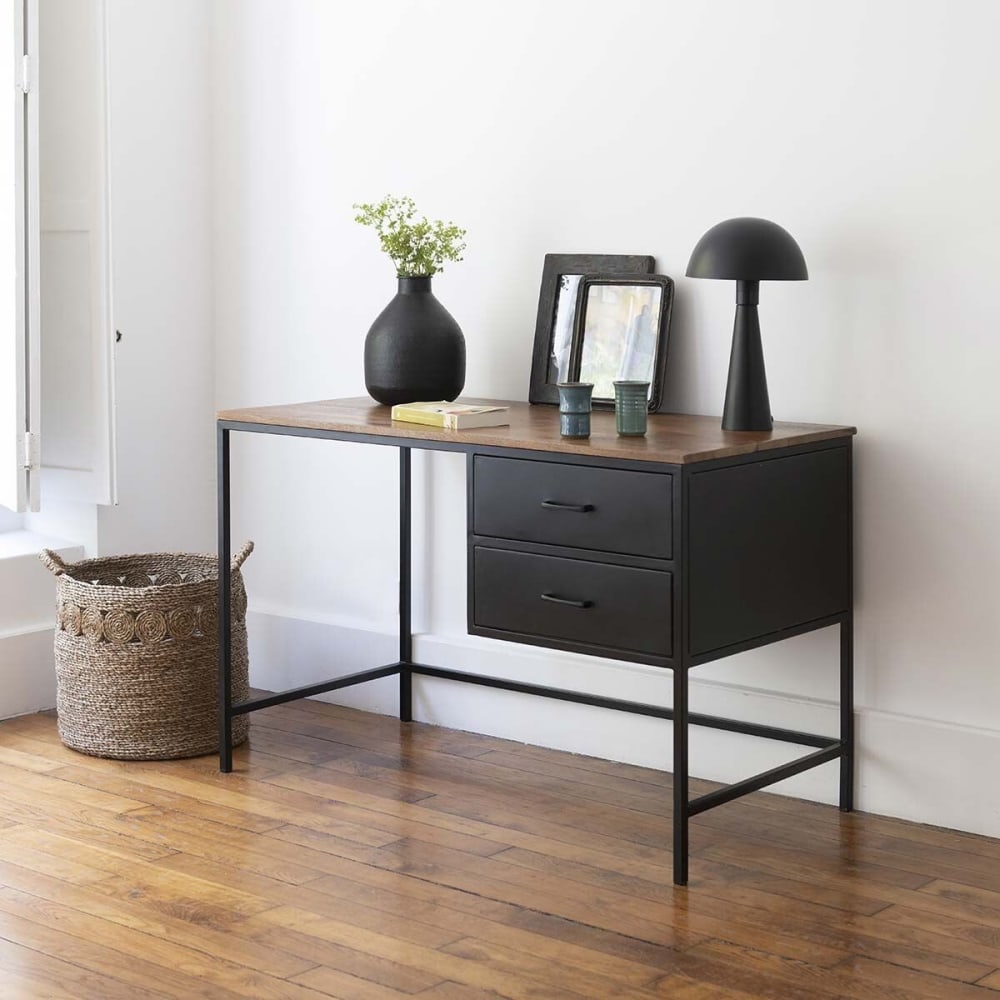 Schreibtisch aus Metall Schwarz matt und massivem Mango-Holz -