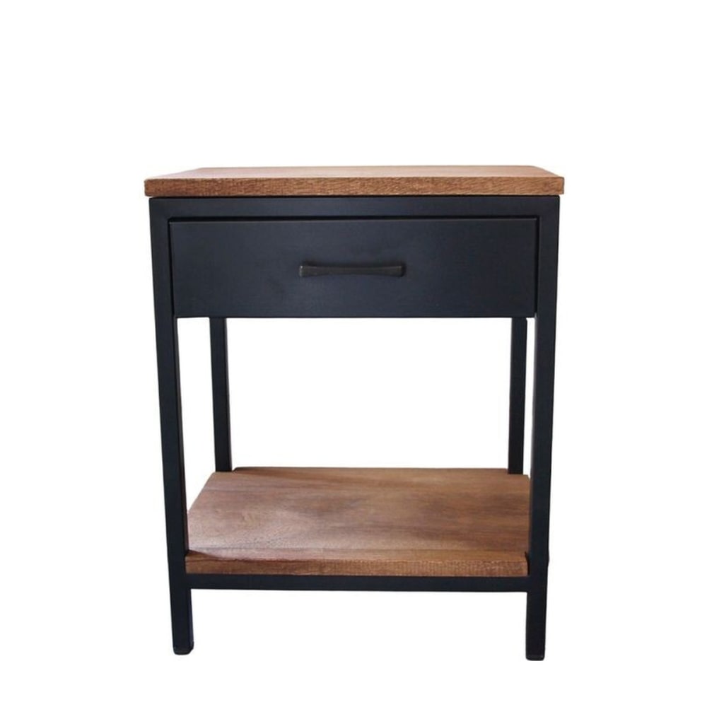 Chevet en métal noir mat et plateaux en manguier 1 tiroir