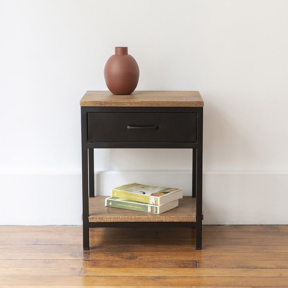 Nachttisch aus Metall Schwarz matt und Mango-Holz 1 Schublade -