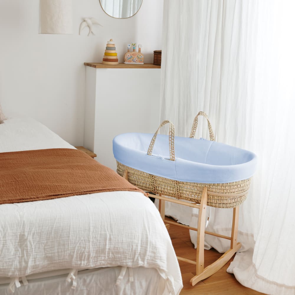 Couffin Avec Support à Bascule Bois, Habillage en Coton Bio - Azur (Premiers Moments) - Image 2
