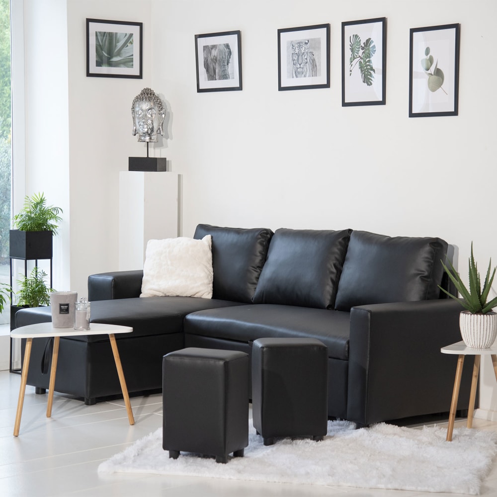 Happy Garden 3-Sitzer-Ecksofa, umwandelbar, aus schwarzem Kunstleder style classic chic - Pvc - Polyvinlychlorid