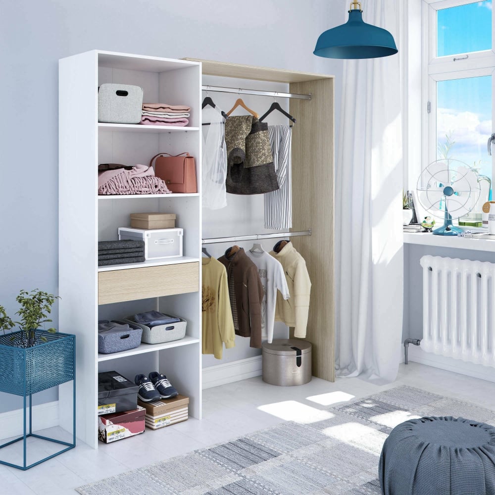 Großer Kleiderschrank in weißer Holzoptik, Eiche 158 x 40 x 187
