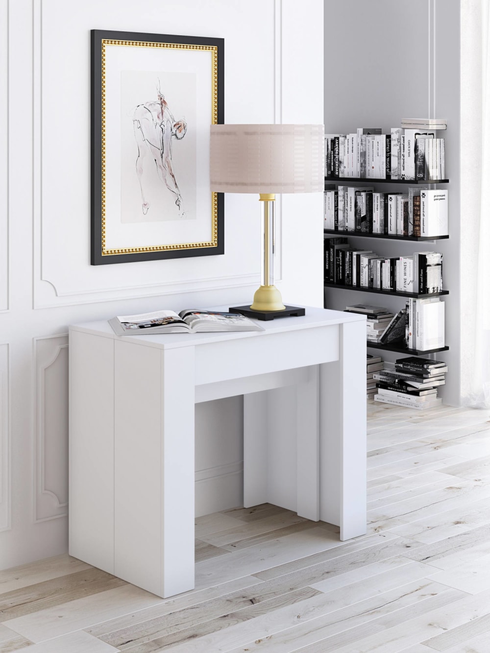 Console table à manger extensible moderne effet bois blanc