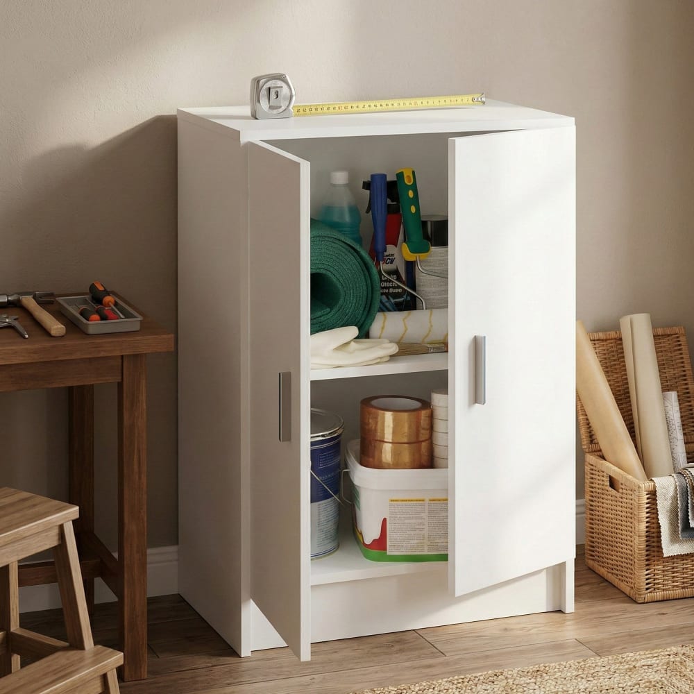 Mehrzweckschrank mit 2 Türen, weißer Holzeffekt, 59 x 37 x 80 cm