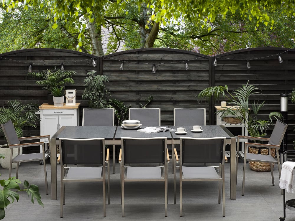 Table de jardin en granit et inox et 8 chaises en acier inox