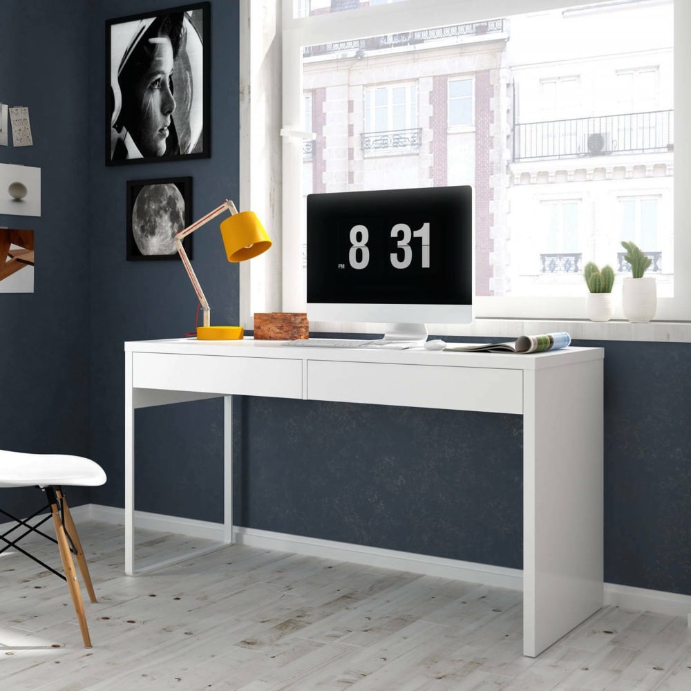 Schreibtisch in Holzoptik, glänzend weiß, 138 x 50 x 75 cm -