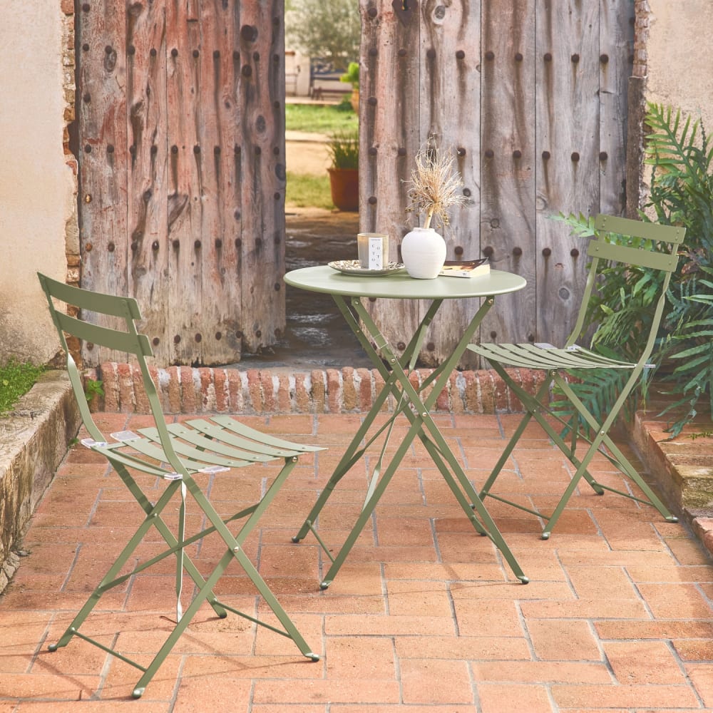 sweeek Runder Gartentisch Ø 60 cm, mit 2 Stühlen, graugrün - Stahl