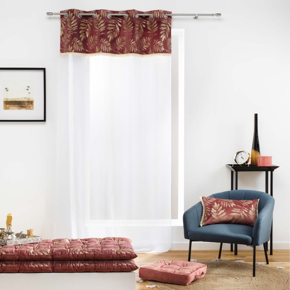 Voilage au top imprimé et frangé polyester rose 240x140cm