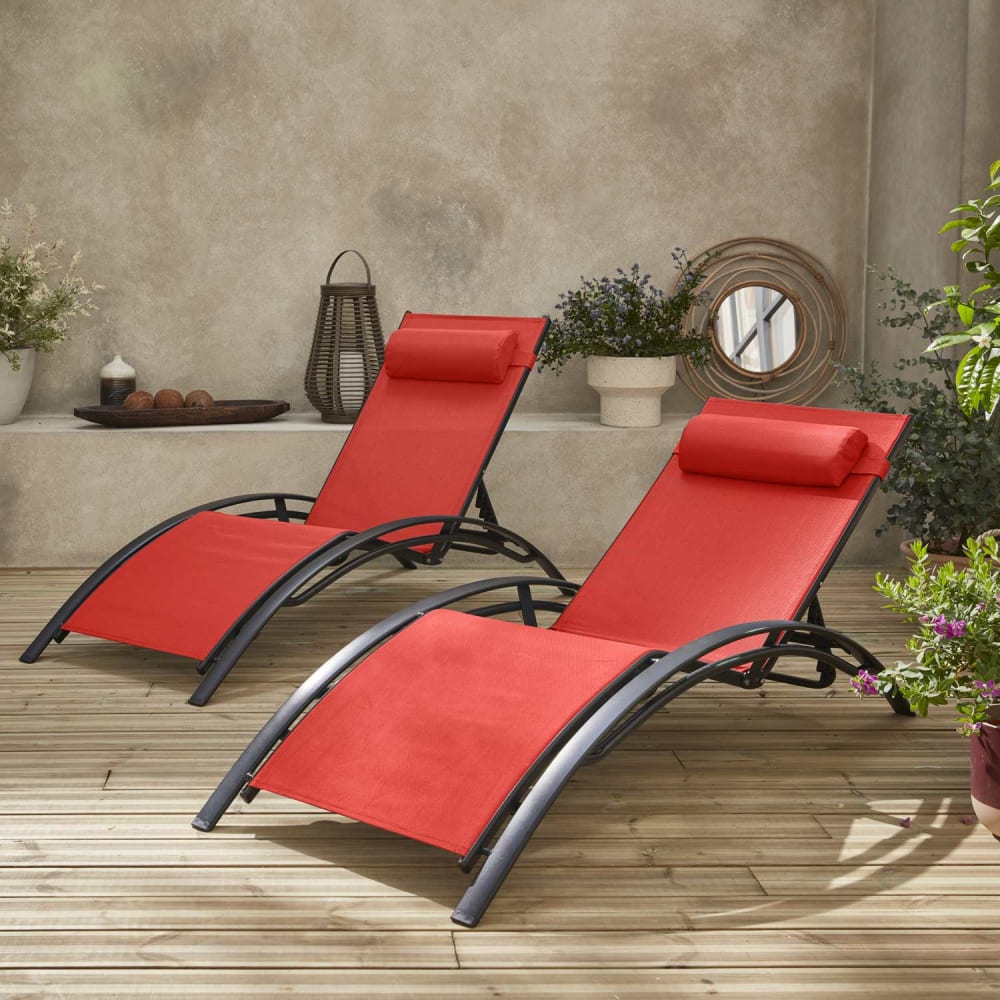 Duo de bains de soleil en aluminium et textilène corail et anthracite