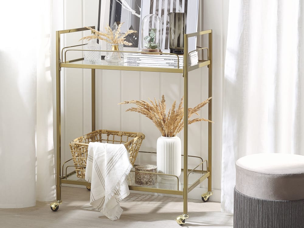Servierwagen aus Sicherheitsglas, Eisen 90cm, gold - Maisons Du