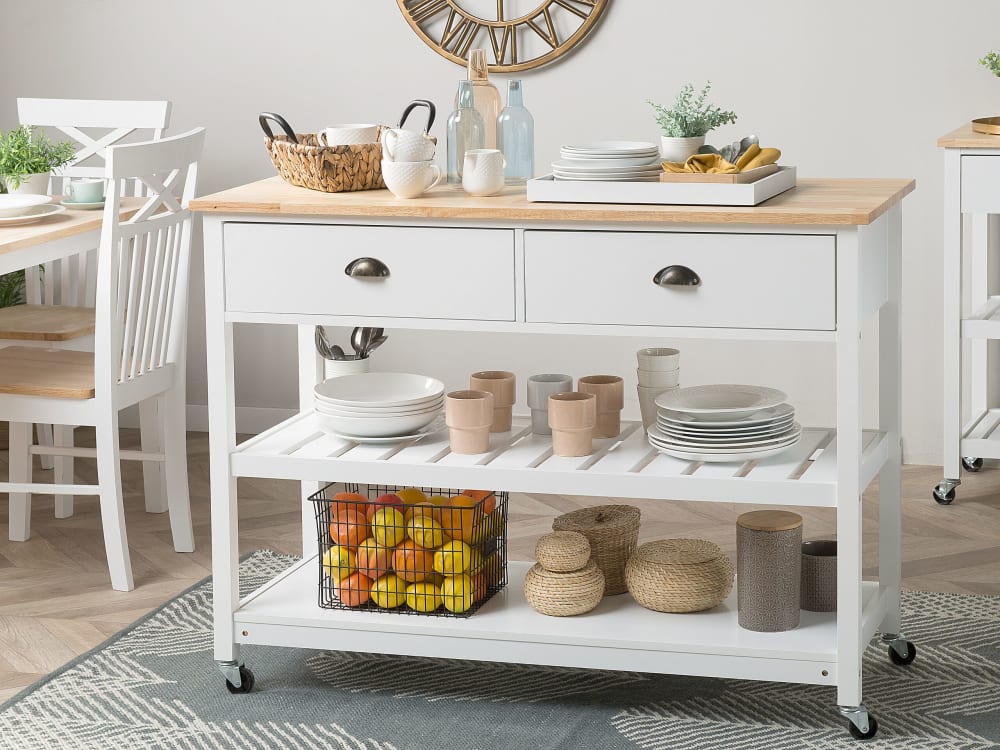 Servierwagen aus Gummibaumholz, Mdf-platte 91cm, weiß - Maisons