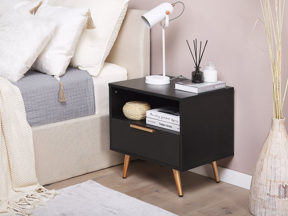 Table de chevet noire et dorée 50 x 40 cm