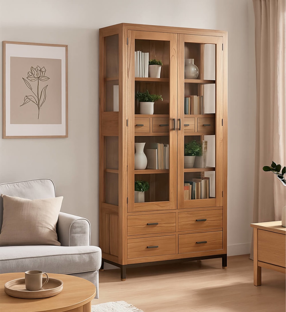 Vitrine en bois de mindi marron et métal noir H 190 cm