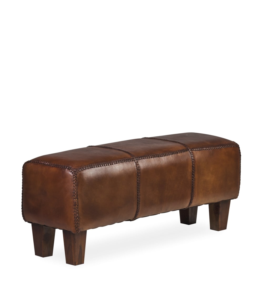 MOYCOR Rechteckiger Hocker aus Teakholz und Leder, L 110 cm, braun style landhaus - Leder