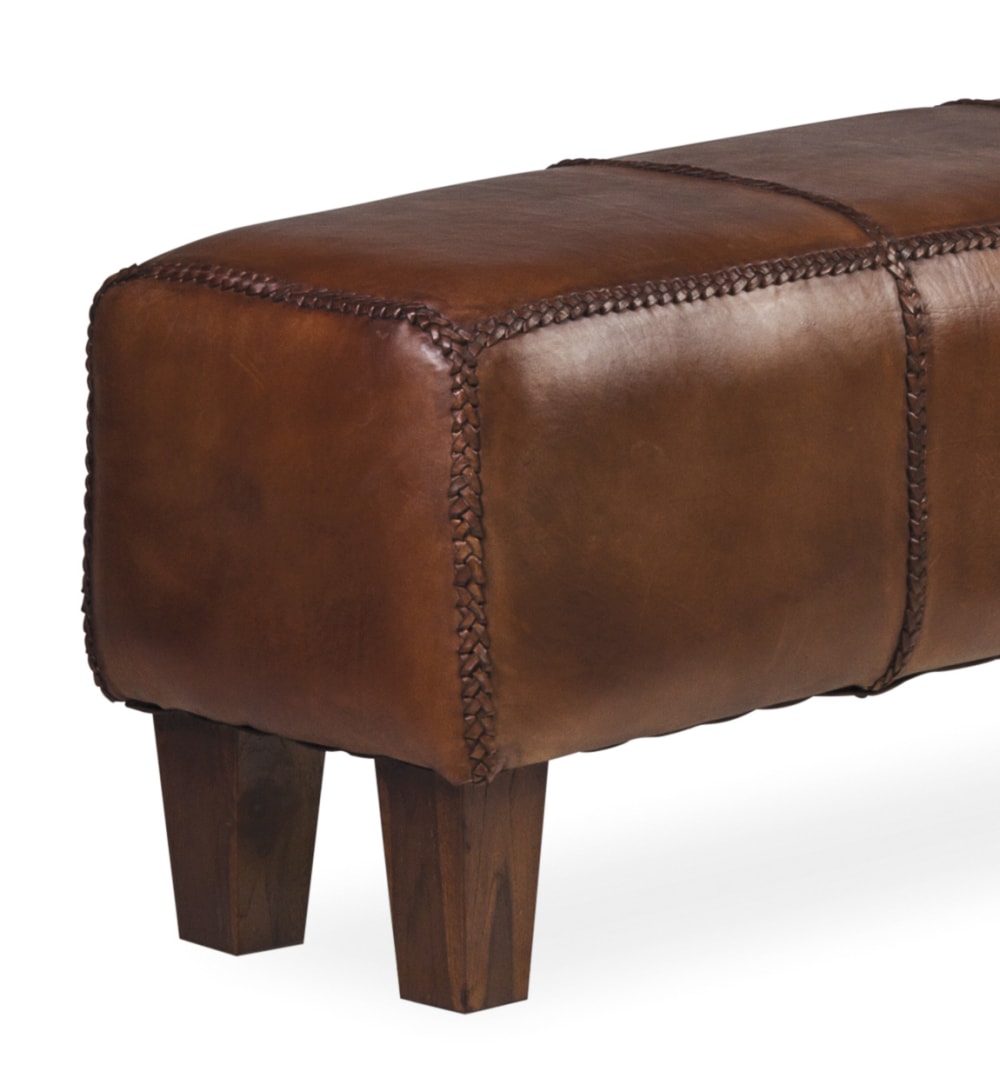 Rechteckiger Hocker aus Teakholz und Leder, L 110 cm, braun -